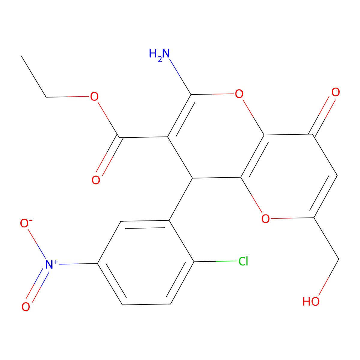 Ethyl 2-amino-4-(2-chloro-5-nitrophenyl)-6-(hydroxymethyl)-8-oxo-4,8-dihydropyrano[3,2-b]pyran-3-carboxylate molecular structure, CAS 674804-97-8