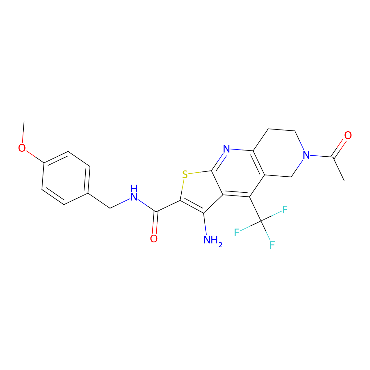 6-acetyl-3-amino-N-[(4-methoxyphenyl)methyl]-4-(trifluoromethyl)-7,8-dihydro-5H-thieno[2,3-b][1,6]naphthyridine-2-carboxamide molecular structure, CAS 674805-10-8