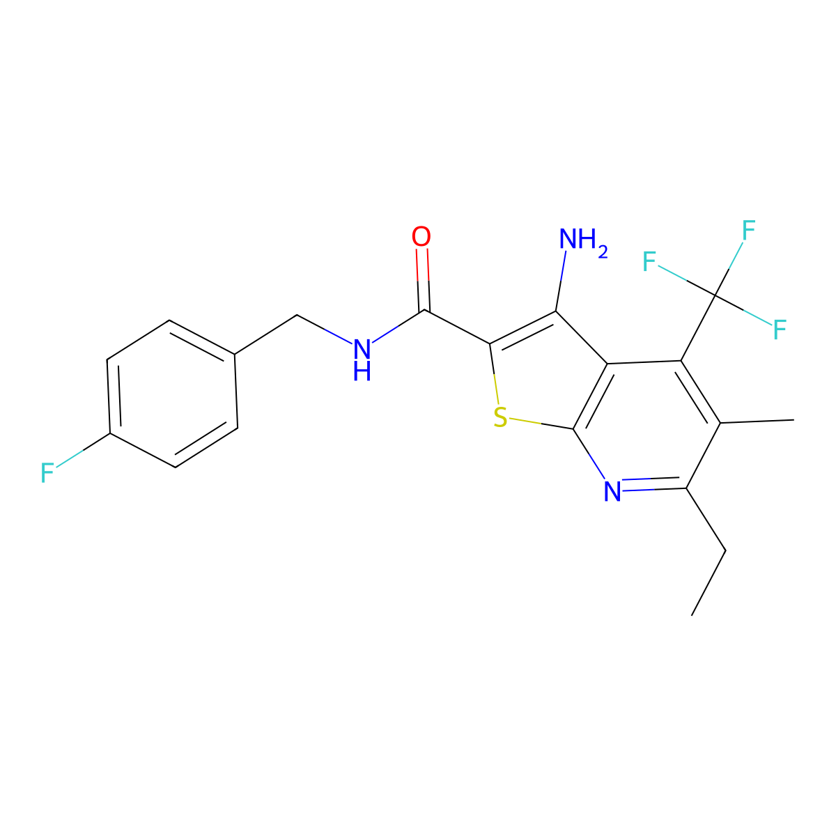 3-amino-6-ethyl-N-(4-fluorobenzyl)-5-methyl-4-(trifluoromethyl)thieno[2,3-b]pyridine-2-carboxamide molecular structure, CAS 674805-23-3