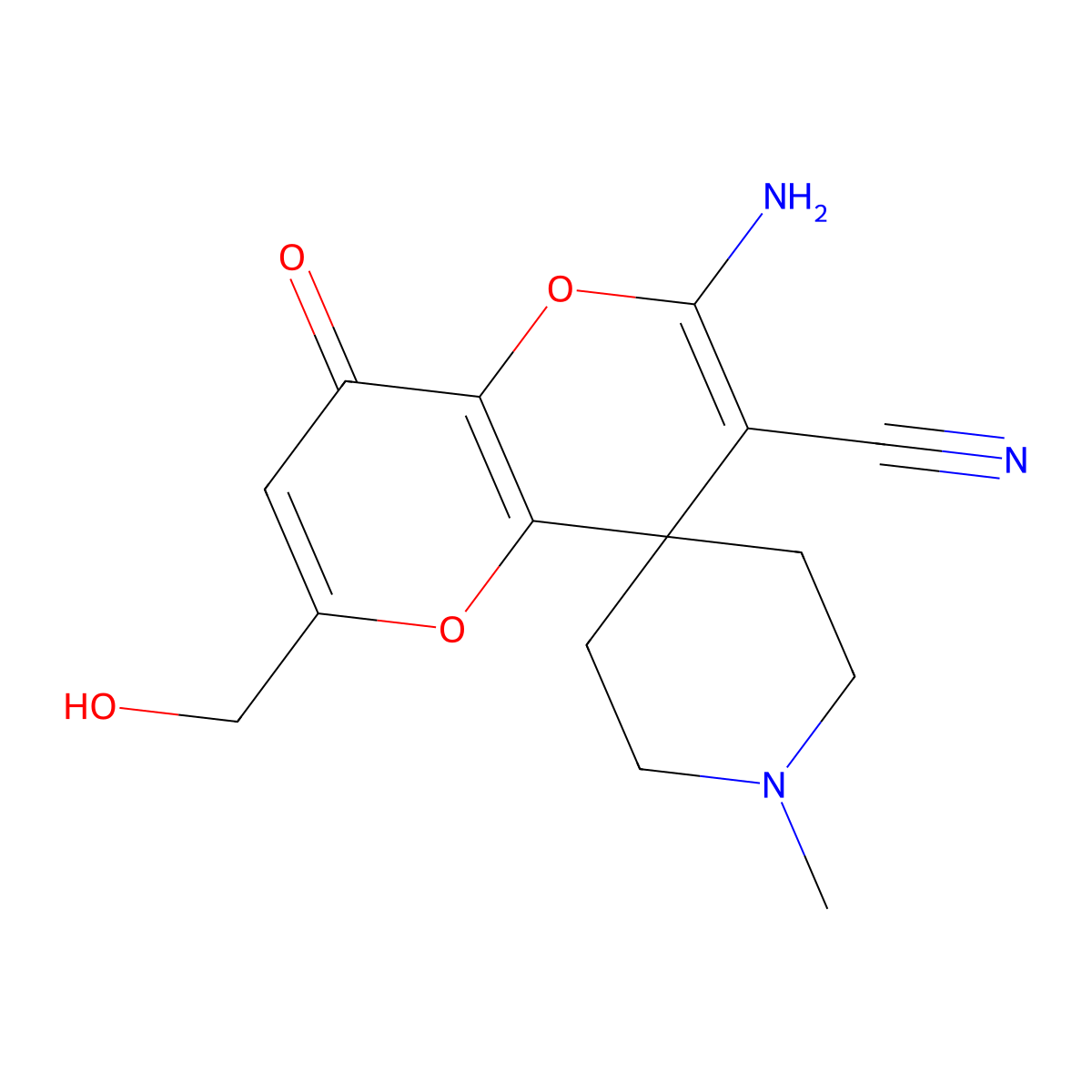 2'-amino-6'-(hydroxymethyl)-1-methyl-8'-oxo-8'H-spiro[piperidine-4,4'-pyrano[3,2-b]pyran]-3'-carbonitrile molecular structure, CAS 674805-26-6