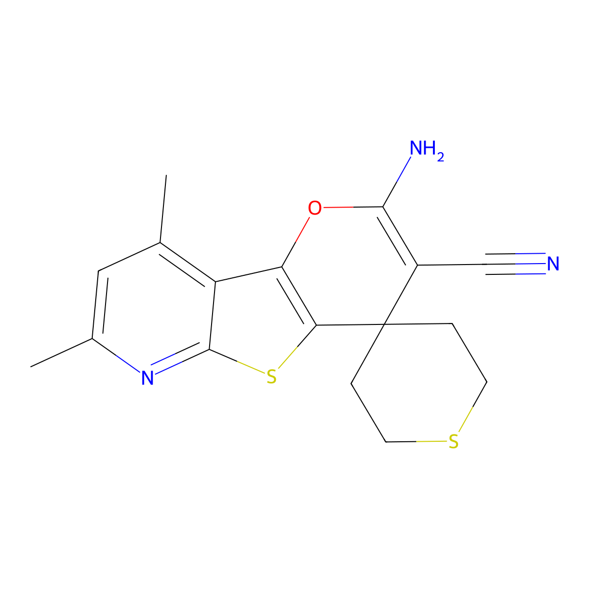 2-Amino-7,9-dimethyl-2',3',5',6'-tetrahydrospiro[pyrano[2',3':4,5]thieno[2,3-b]pyridine-4,4'-thiopyran]-3-carbonitrile molecular structure, CAS 674805-28-8