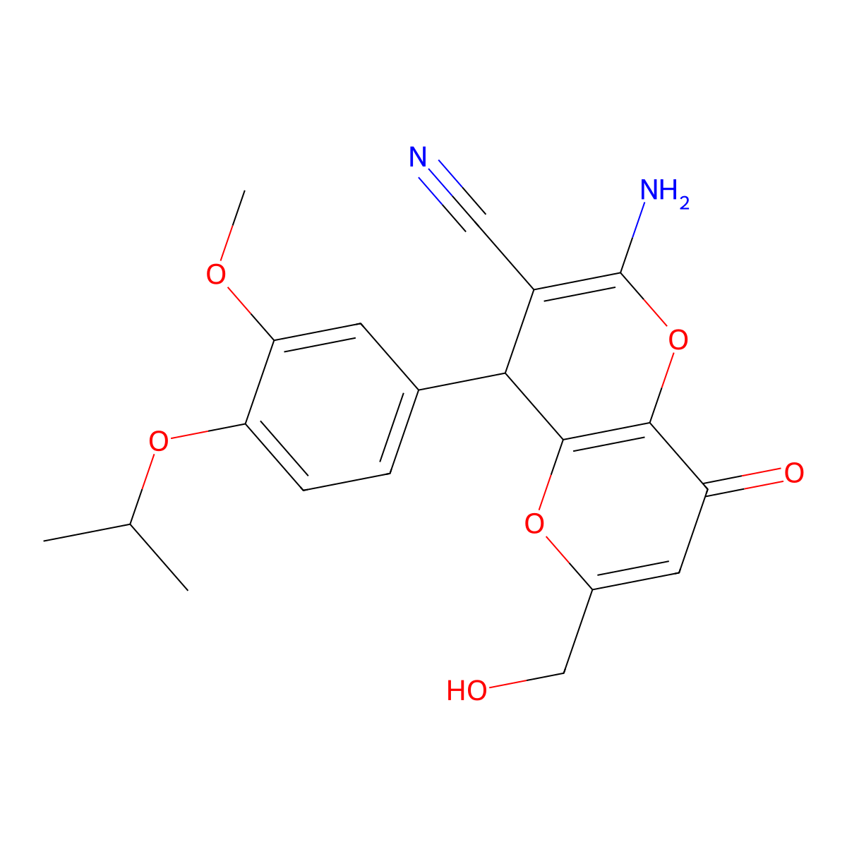 2-Amino-6-(hydroxymethyl)-4-(4-isopropoxy-3-methoxyphenyl)-8-oxo-4,8-dihydropyrano[3,2-b]pyran-3-carbonitrile molecular structure, CAS 674805-37-9
