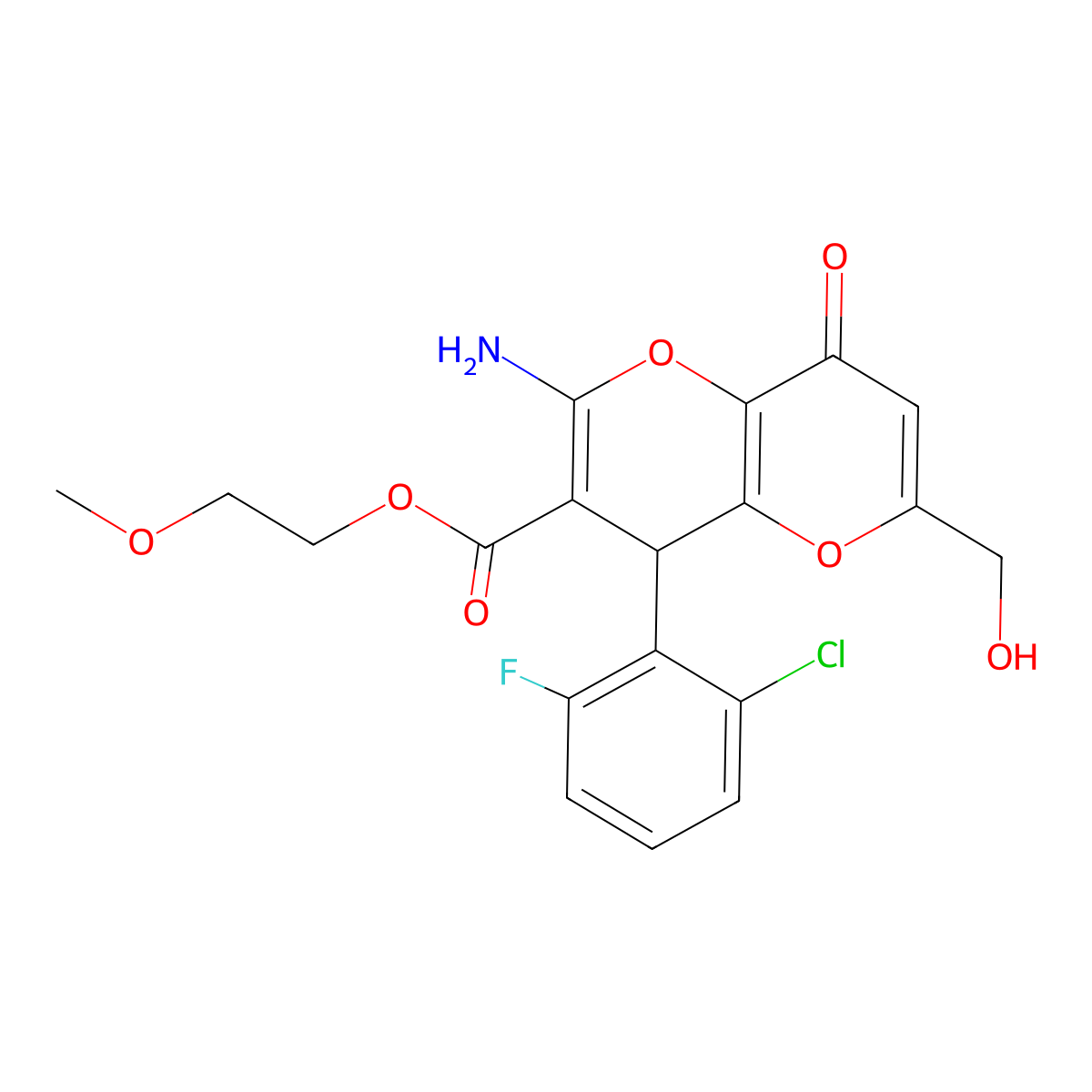 2-Methoxyethyl 2-amino-4-(2-chloro-6-fluorophenyl)-6-(hydroxymethyl)-8-oxo-4,8-dihydropyrano[3,2-b]pyran-3-carboxylate molecular structure, CAS 674805-40-4