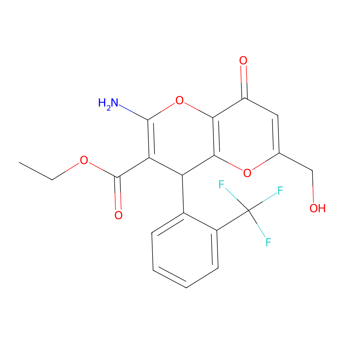 Ethyl 2-amino-6-(hydroxymethyl)-8-oxo-4-[2-(trifluoromethyl)phenyl]-4,8-dihydropyrano[3,2-b]pyran-3-carboxylate molecular structure, CAS 674805-41-5