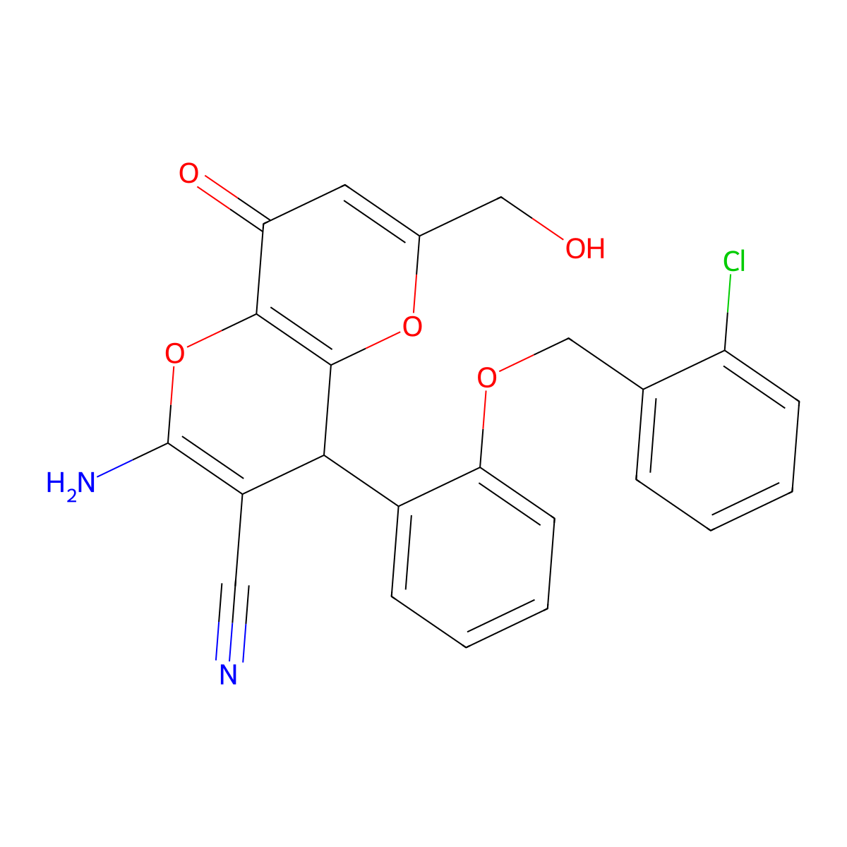 2-Amino-4-{2-[(2-chlorobenzyl)oxy]phenyl}-6-(hydroxymethyl)-8-oxo-4,8-dihydropyrano[3,2-b]pyran-3-carbonitrile molecular structure, CAS 674805-42-6
