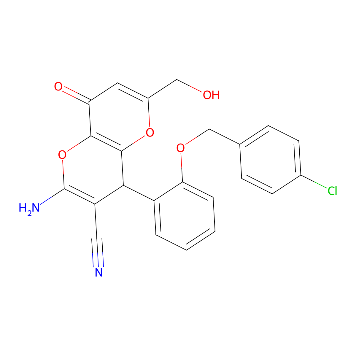 2-amino-4-[2-[(4-chlorophenyl)methoxy]phenyl]-6-(hydroxymethyl)-8-oxo-4H-pyrano[3,2-b]pyran-3-carbonitrile molecular structure, CAS 674805-43-7