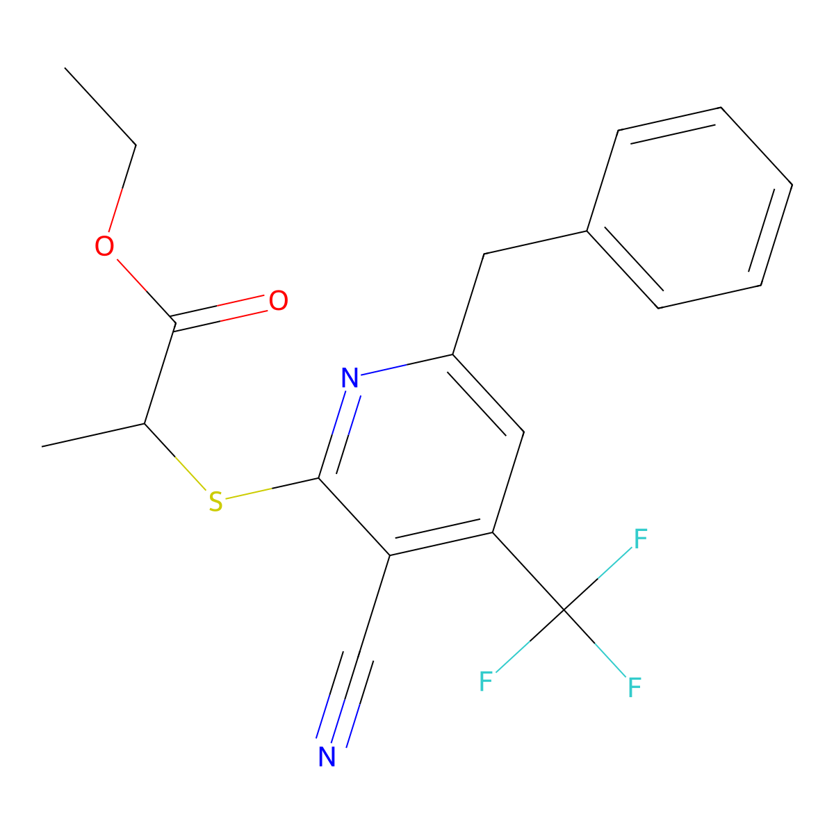 Ethyl 2-[6-benzyl-3-cyano-4-(trifluoromethyl)pyridin-2-yl]sulfanylpropanoate molecular structure, CAS 674805-46-0