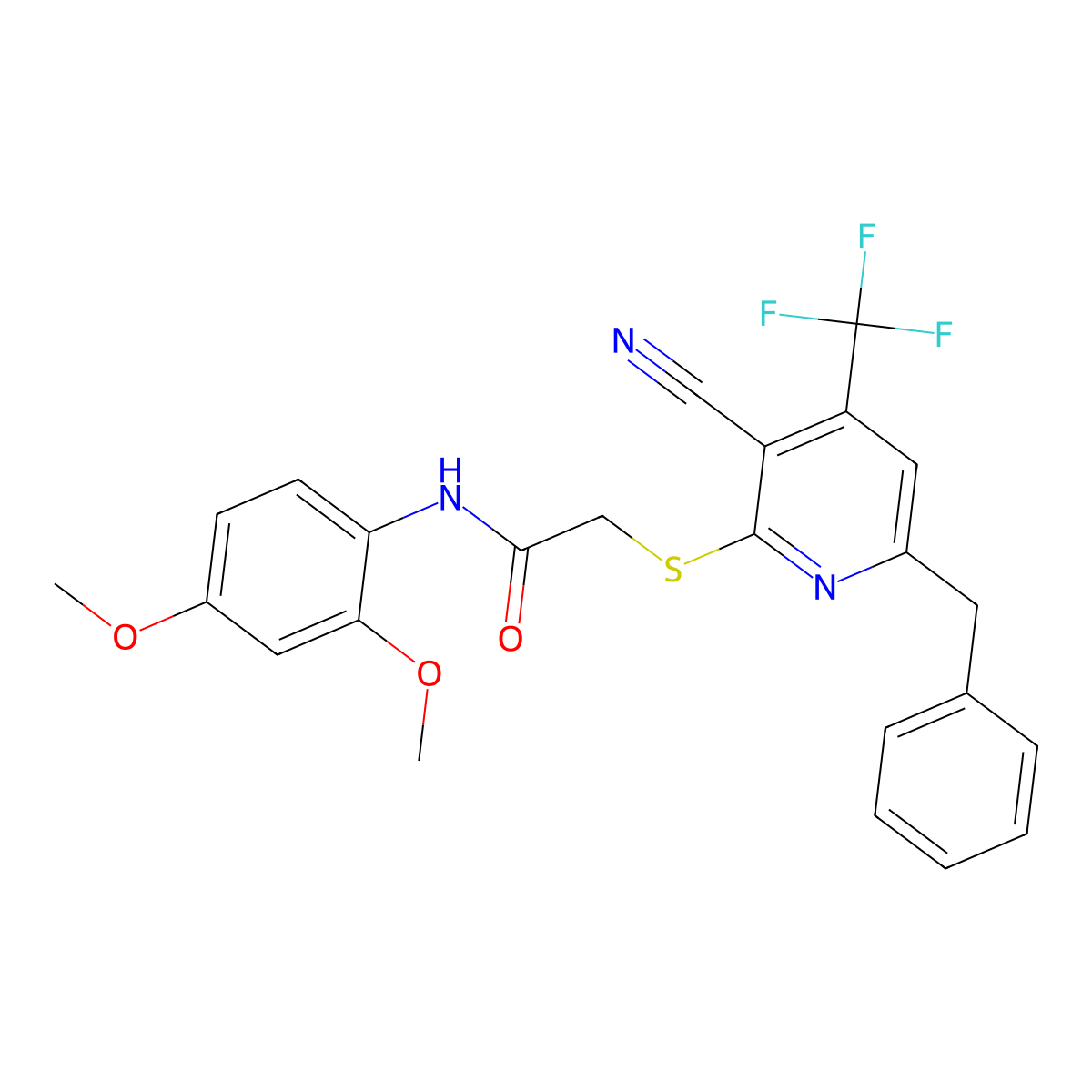 2-[6-benzyl-3-cyano-4-(trifluoromethyl)pyridin-2-yl]sulfanyl-N-(2,4-dimethoxyphenyl)acetamide molecular structure, CAS 674805-47-1
