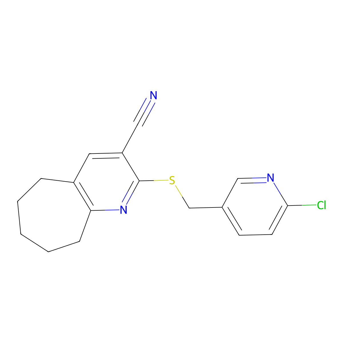 2-[(6-chloropyridin-3-yl)methylsulfanyl]-6,7,8,9-tetrahydro-5H-cyclohepta[b]pyridine-3-carbonitrile molecular structure, CAS 674805-51-7