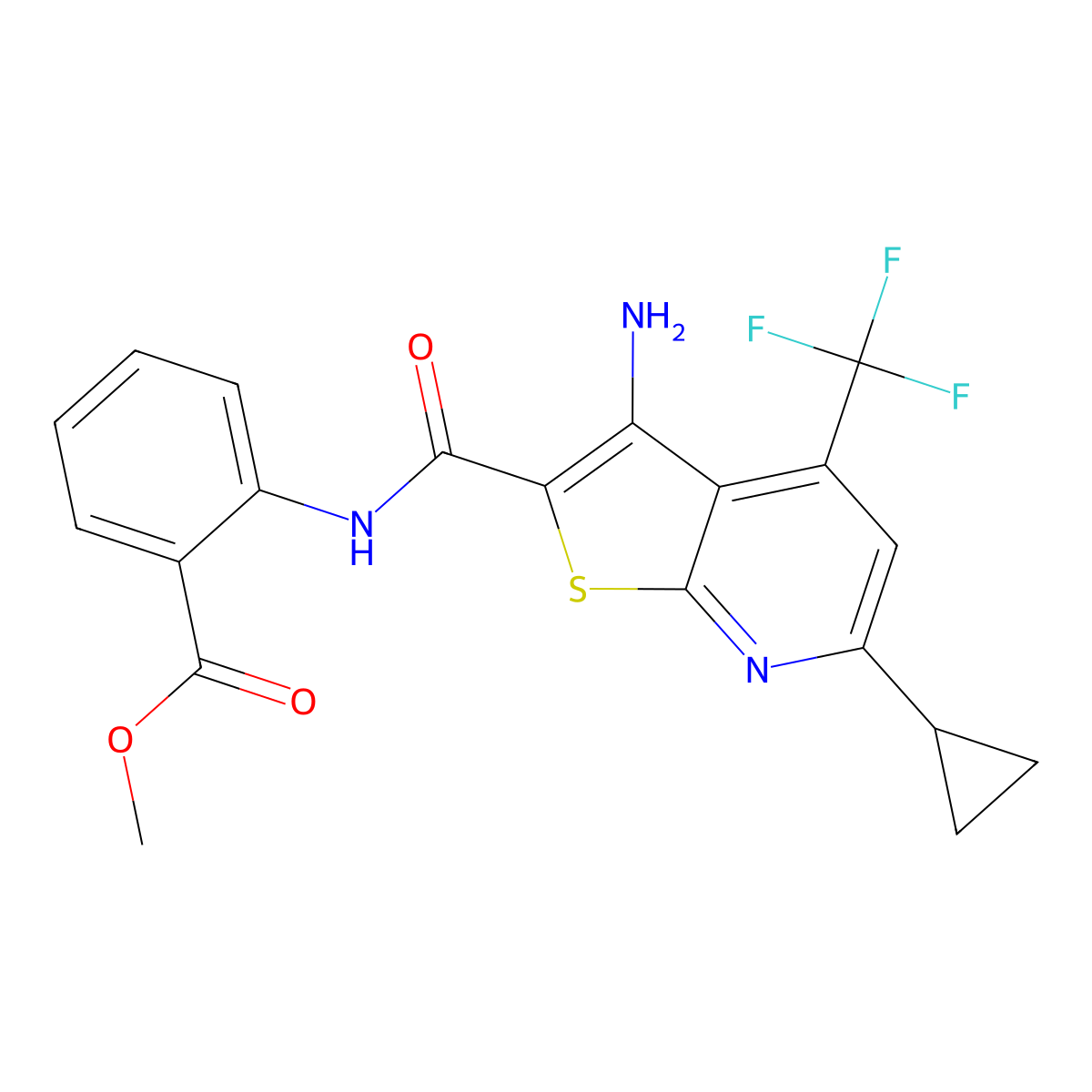Methyl 2-[[3-amino-6-cyclopropyl-4-(trifluoromethyl)thieno[2,3-b]pyridine-2-carbonyl]amino]benzoate molecular structure, CAS 674805-58-4