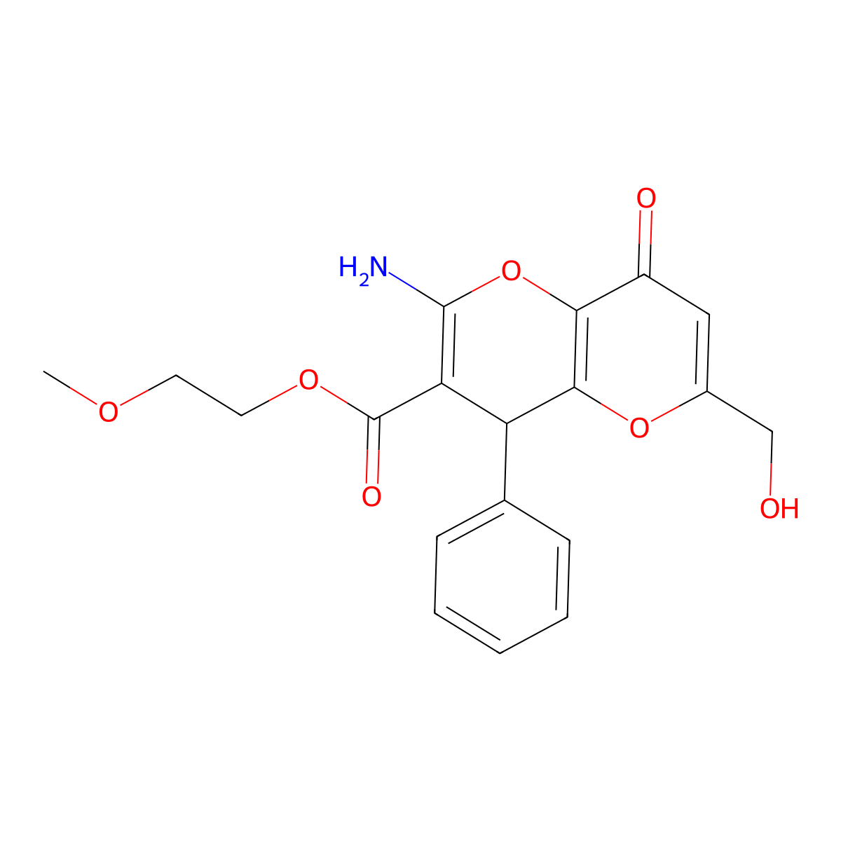 2-Methoxyethyl 2-amino-6-(hydroxymethyl)-8-oxo-4-phenyl-4,8-dihydropyrano[3,2-b]pyran-3-carboxylate molecular structure, CAS 674805-61-9