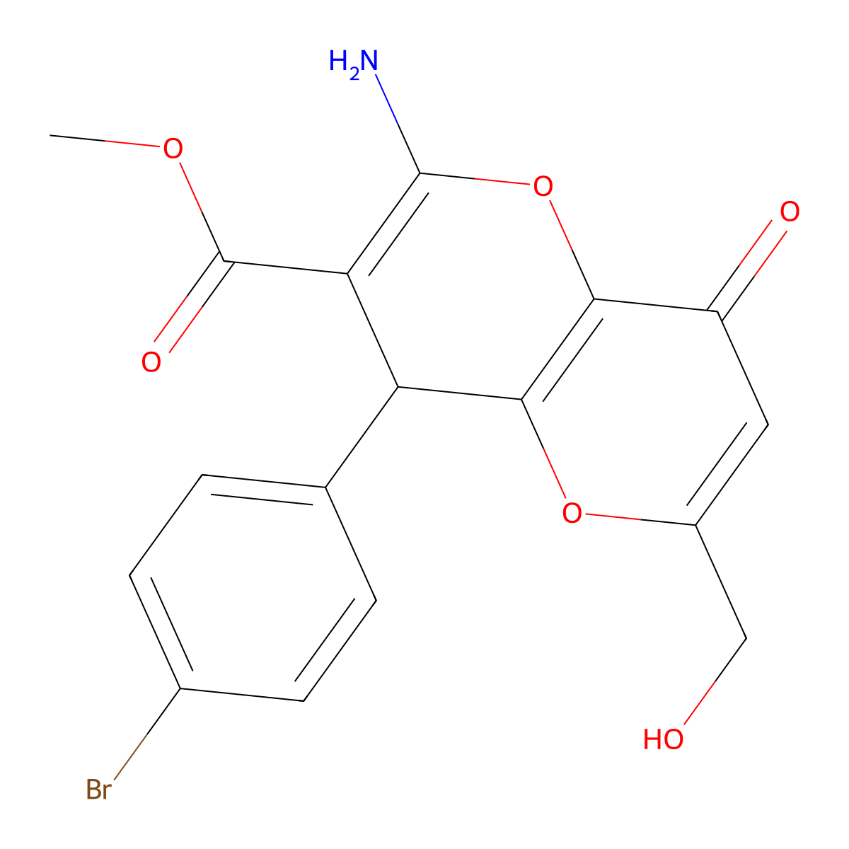 Methyl 2-amino-4-(4-bromophenyl)-6-(hydroxymethyl)-8-oxo-4,8-dihydropyrano[3,2-b]pyran-3-carboxylate molecular structure, CAS 674805-62-0