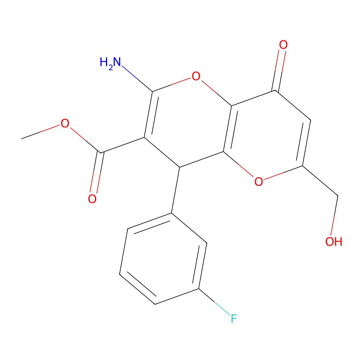 Methyl 2-amino-4-(3-fluorophenyl)-6-(hydroxymethyl)-8-oxo-4,8-dihydropyrano[3,2-b]pyran-3-carboxylate molecular structure, CAS 674805-64-2