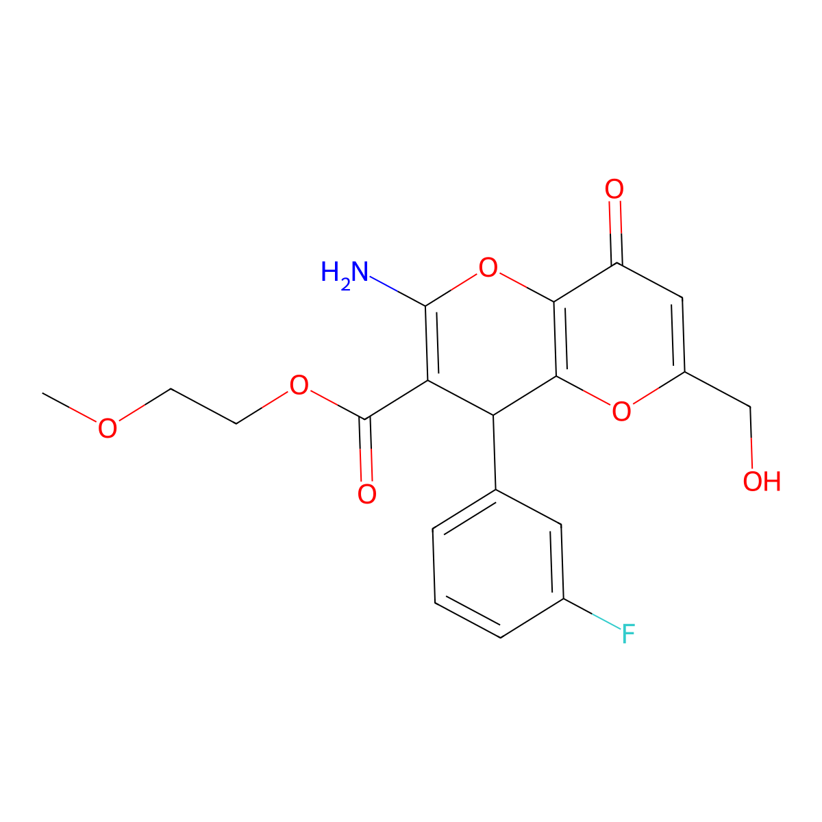 2-Methoxyethyl 2-amino-4-(3-fluorophenyl)-6-(hydroxymethyl)-8-oxo-4,8-dihydropyrano[3,2-b]pyran-3-carboxylate molecular structure, CAS 674805-65-3