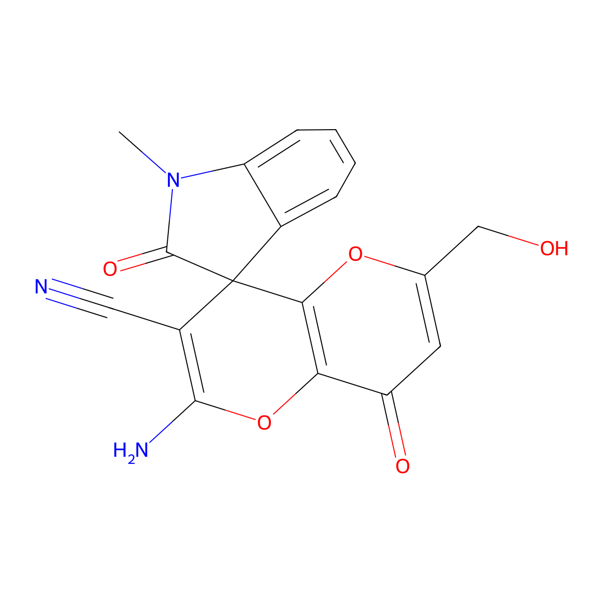2'-Amino-6'-(hydroxymethyl)-1-methyl-2,8'-dioxospiro[indole-3,4'-pyrano[3,2-b]pyran]-3'-carbonitrile molecular structure, CAS 674805-66-4