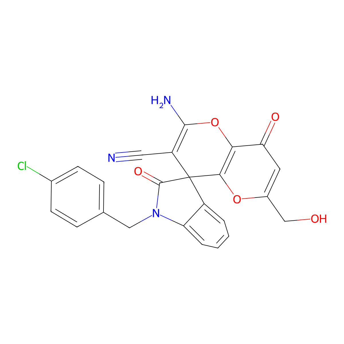 2'-Amino-1-[(4-chlorophenyl)methyl]-6'-(hydroxymethyl)-2,8'-dioxospiro[indole-3,4'-pyrano[3,2-b]pyran]-3'-carbonitrile molecular structure, CAS 674805-67-5