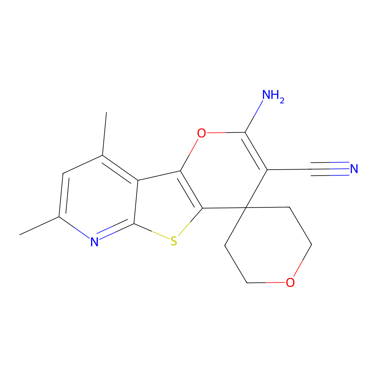 2'-Amino-7',9'-dimethyl-2,3,5,6-tetrahydrospiro[pyran-4,4'-pyrano[2',3':4,5]thieno[2,3-b]pyridine]-3'-carbonitrile molecular structure, CAS 674805-92-6