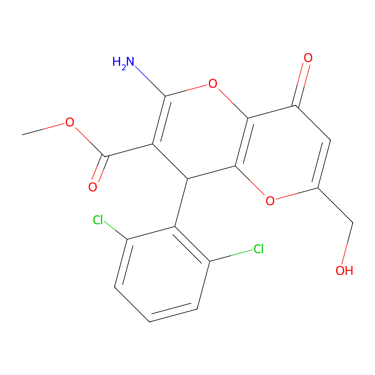 Methyl 2-amino-4-(2,6-dichlorophenyl)-6-(hydroxymethyl)-8-oxo-4,8-dihydropyrano[3,2-b]pyran-3-carboxylate molecular structure, CAS 674805-93-7