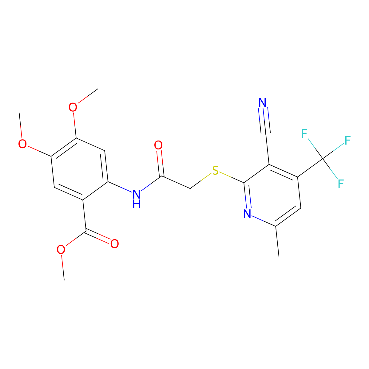 Methyl 2-[(2-{[3-cyano-6-methyl-4-(trifluoromethyl)-2-pyridinyl]sulfanyl}acetyl)amino]-4,5-dimethoxybenzenecarboxylate molecular structure, CAS 674806-01-0