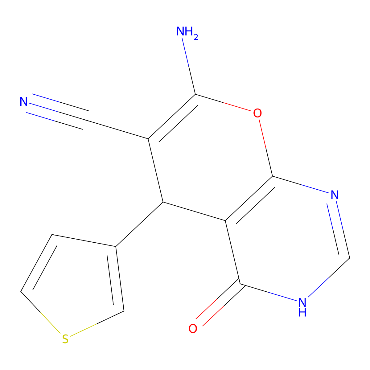 7-amino-4-hydroxy-5-(3-thienyl)-5H-pyrano[2,3-d]pyrimidine-6-carbonitrile molecular structure, CAS 674806-08-7