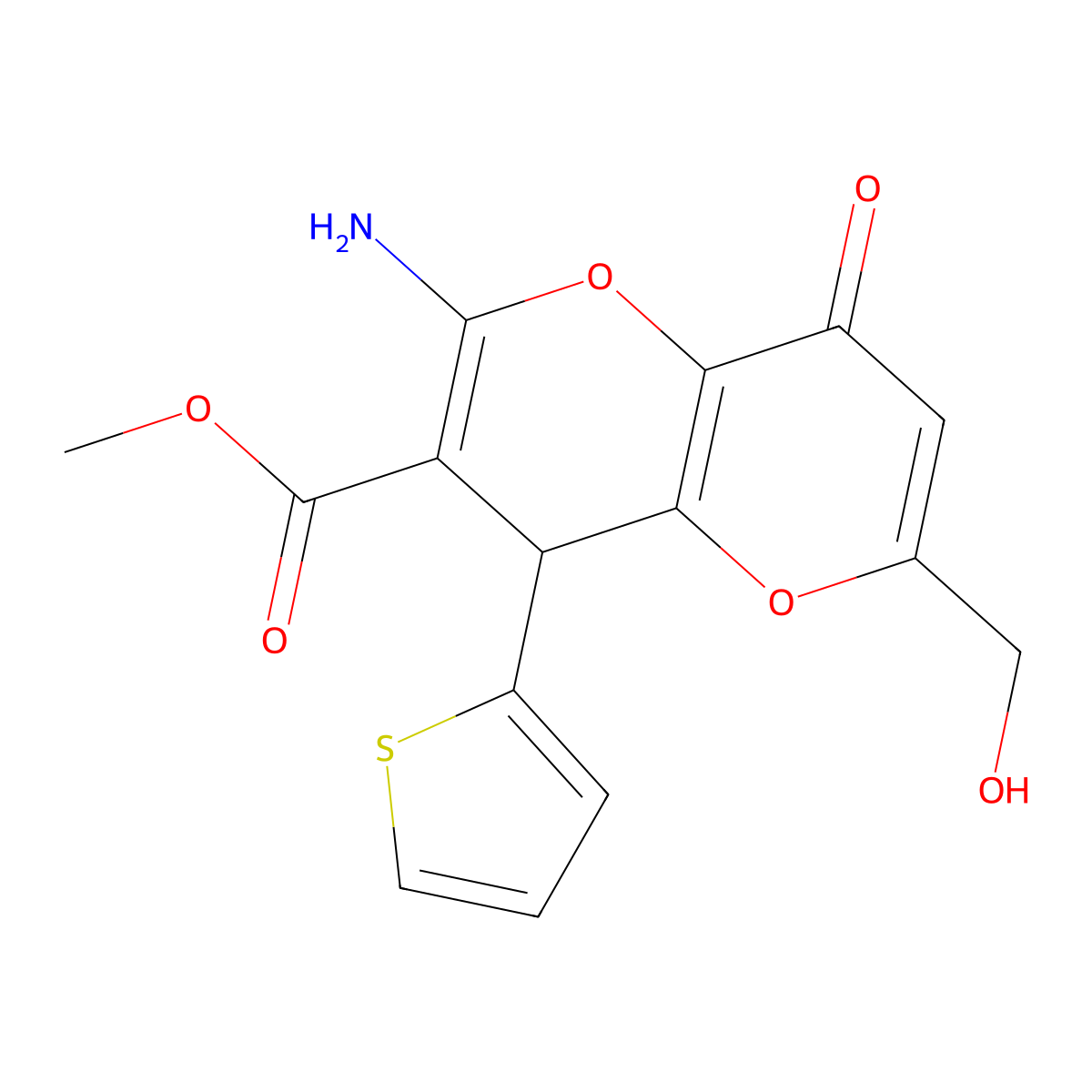 Methyl 2-amino-6-(hydroxymethyl)-8-oxo-4-(thiophen-2-yl)-4,8-dihydropyrano[3,2-b]pyran-3-carboxylate molecular structure, CAS 674806-50-9