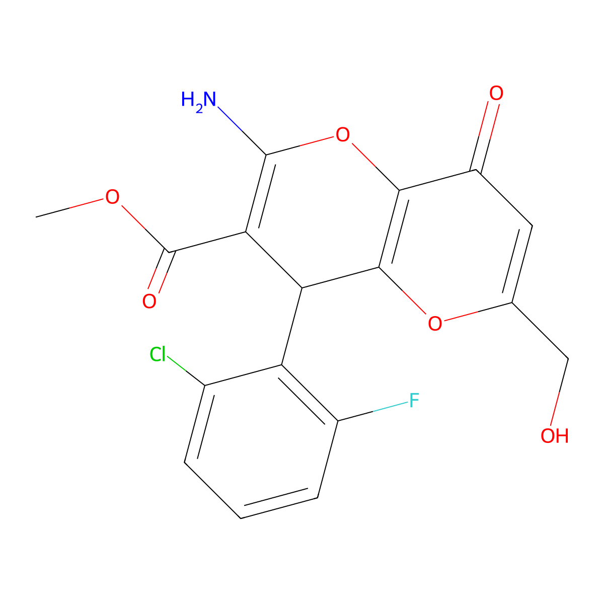 Methyl 2-amino-4-(2-chloro-6-fluorophenyl)-6-(hydroxymethyl)-8-oxo-4,8-dihydropyrano[3,2-b]pyran-3-carboxylate molecular structure, CAS 674806-51-0