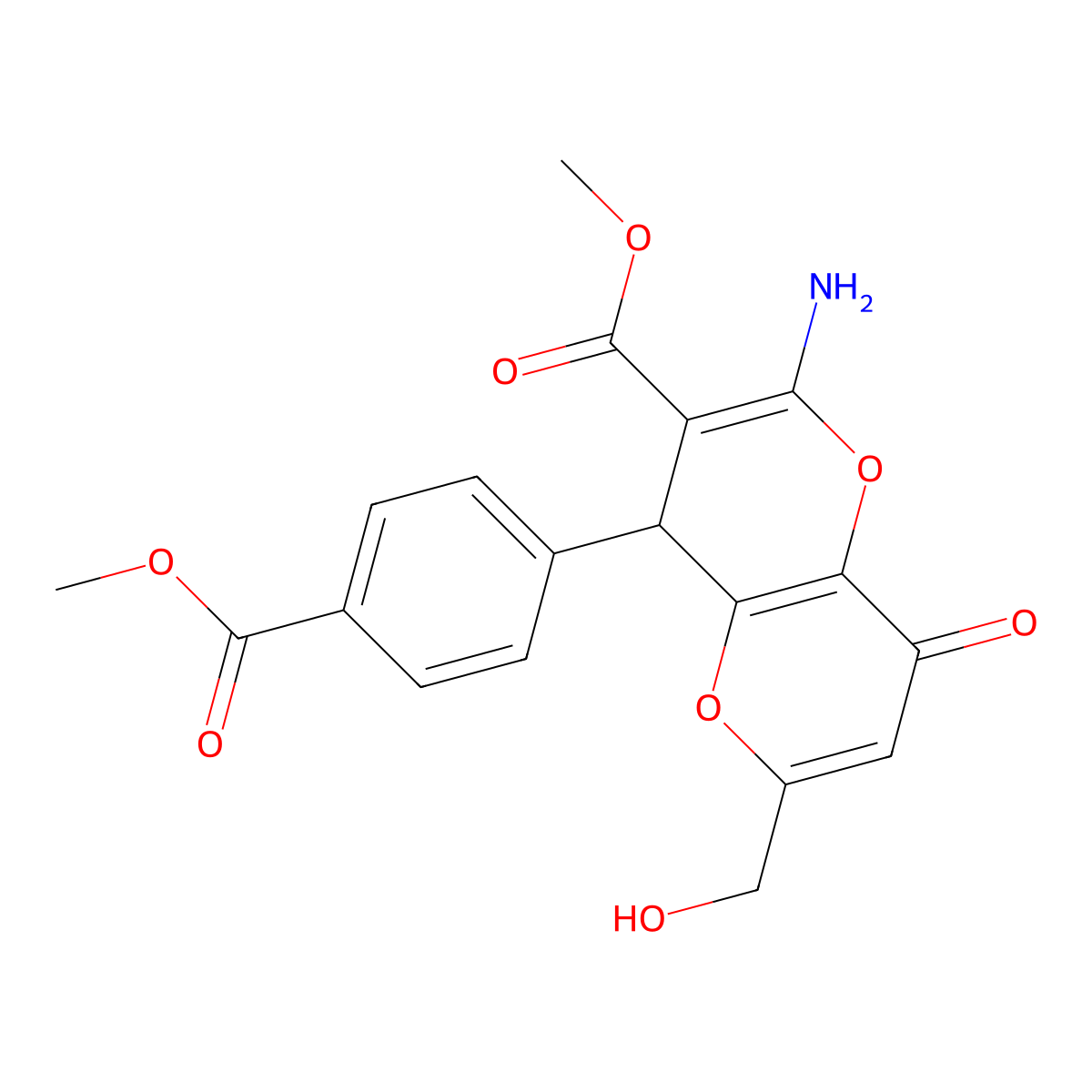 methyl 2-amino-6-(hydroxymethyl)-4-(4-methoxycarbonylphenyl)-8-oxo-4H-pyrano[3,2-b]pyran-3-carboxylate molecular structure, CAS 674806-52-1