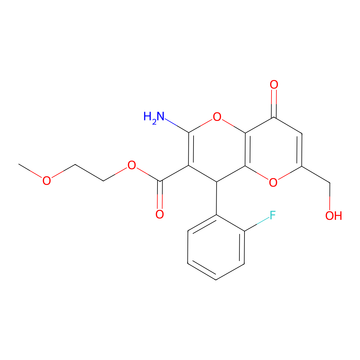 2-Methoxyethyl 2-amino-4-(2-fluorophenyl)-6-(hydroxymethyl)-8-oxo-4,8-dihydropyrano[3,2-b]pyran-3-carboxylate molecular structure, CAS 674806-53-2