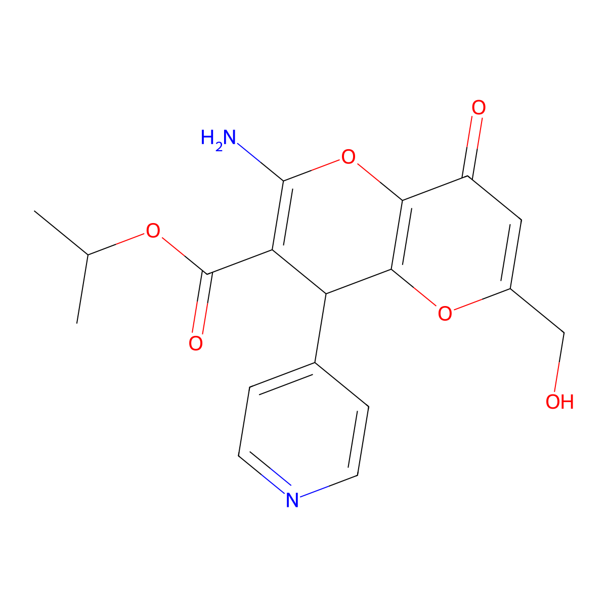 Isopropyl 2-amino-6-(hydroxymethyl)-8-oxo-4-(4-pyridinyl)-4,8-dihydropyrano[3,2-b]pyran-3-carboxylate molecular structure, CAS 674806-55-4