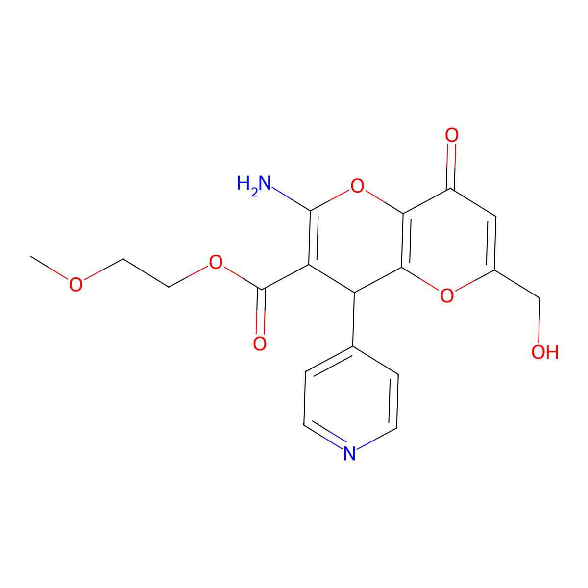 2-Methoxyethyl 2-amino-6-(hydroxymethyl)-8-oxo-4-(pyridin-4-yl)-4,8-dihydropyrano[3,2-b]pyran-3-carboxylate molecular structure, CAS 674806-56-5