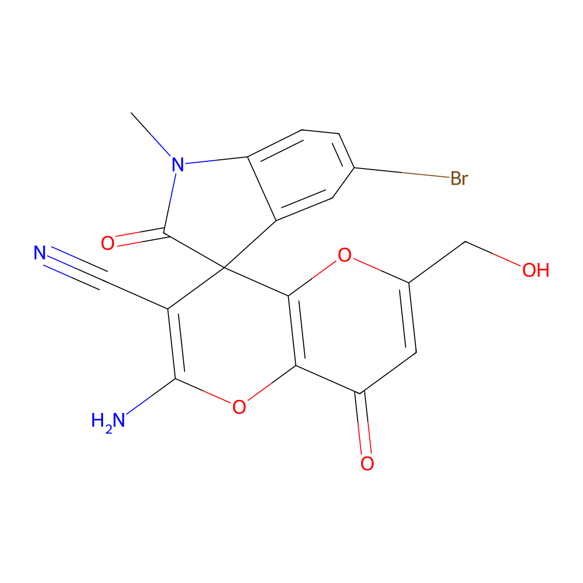 2'-Amino-5-bromo-6'-(hydroxymethyl)-1-methyl-2,8'-dioxospiro[indole-3,4'-pyrano[3,2-b]pyran]-3'-carbonitrile molecular structure, CAS 674806-57-6