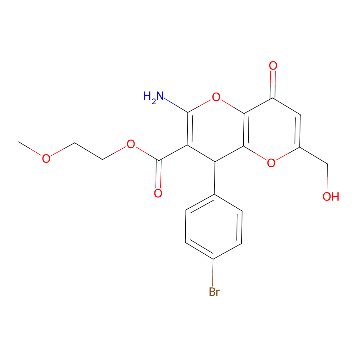 2-Methoxyethyl 2-amino-4-(4-bromophenyl)-6-(hydroxymethyl)-8-oxo-4,8-dihydropyrano[3,2-b]pyran-3-carboxylate molecular structure, CAS 674806-63-4