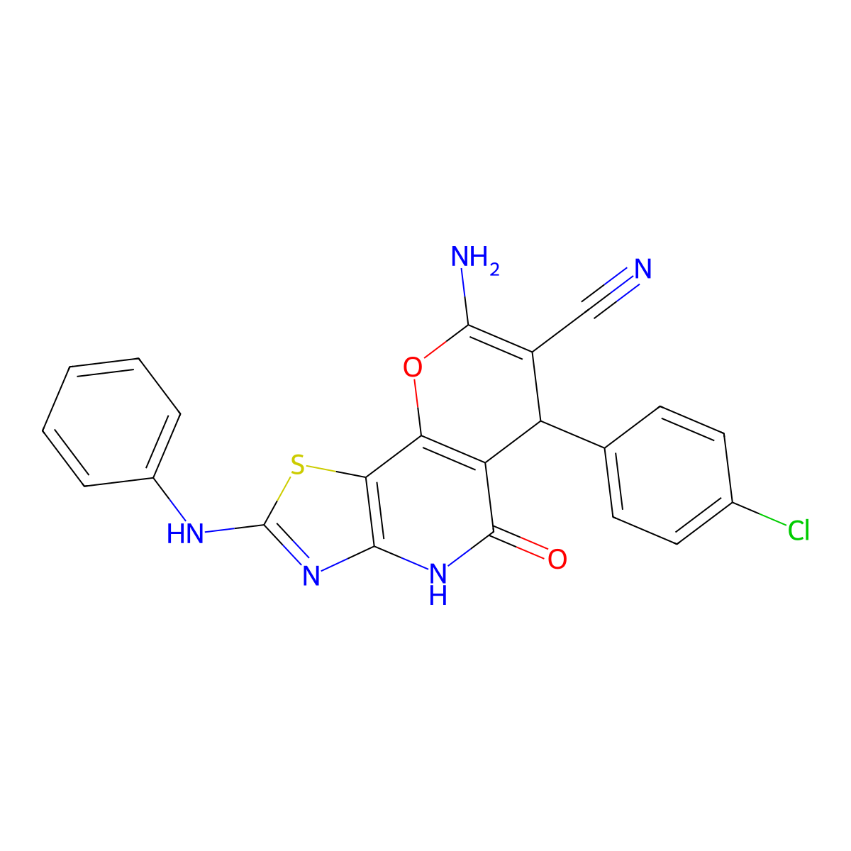 8-amino-2-anilino-6-(4-chlorophenyl)-5-oxo-4,6-dihydro-5H-pyrano[2,3-d][1,3]thiazolo[4,5-b]pyridine-7-carbonitrile molecular structure, CAS 674806-64-5