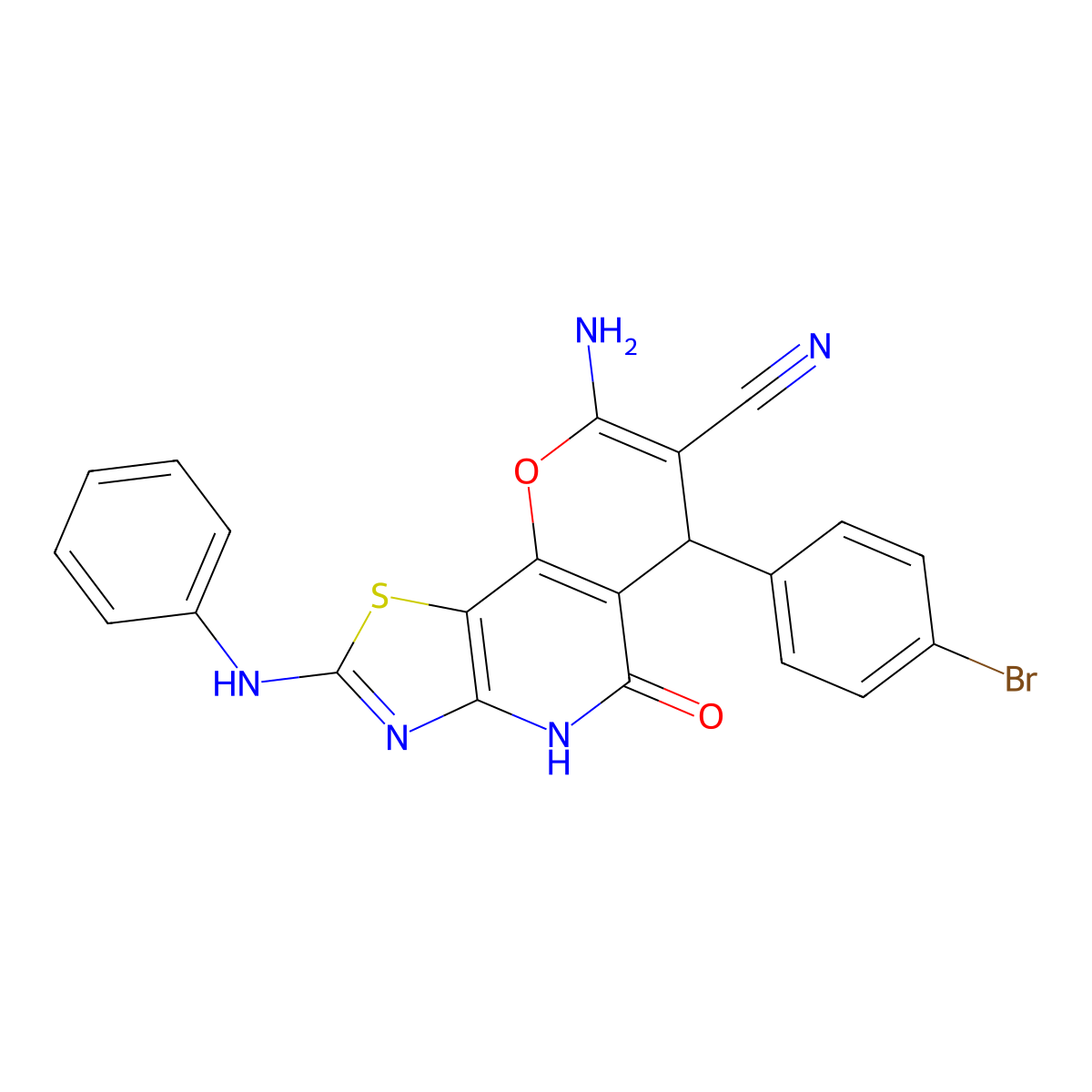 8-amino-2-anilino-6-(4-bromophenyl)-5-oxo-4,6-dihydro-5H-pyrano[2,3-d][1,3]thiazolo[4,5-b]pyridine-7-carbonitrile molecular structure, CAS 674806-65-6
