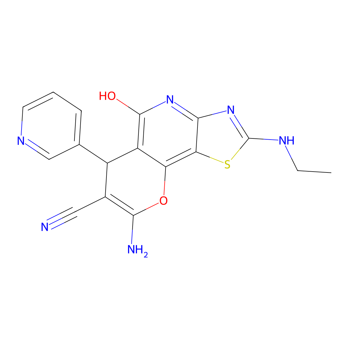 8-amino-2-(ethylimino)-5-hydroxy-6-(pyridin-3-yl)-3,6-dihydro-2H-pyrano[2,3-d]thiazolo[4,5-b]pyridine-7-carbonitrile molecular structure, CAS 674806-66-7