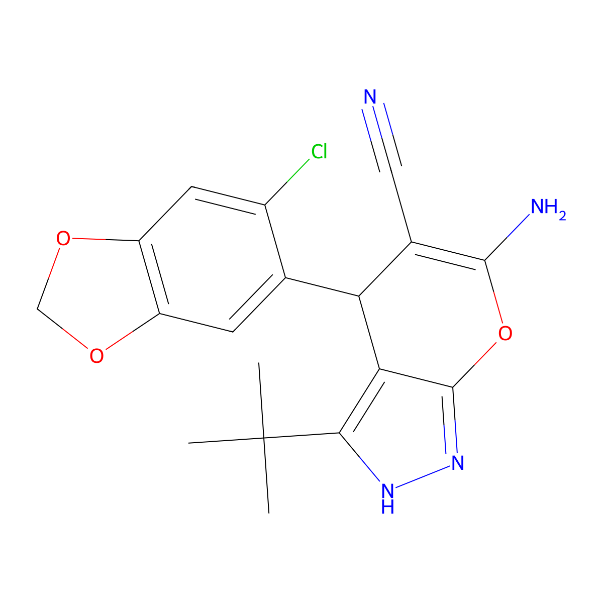 6-Amino-3-tert-butyl-4-(6-chloro-1,3-benzodioxol-5-yl)-2,4-dihydropyrano[2,3-c]pyrazole-5-carbonitrile molecular structure, CAS 674807-23-9