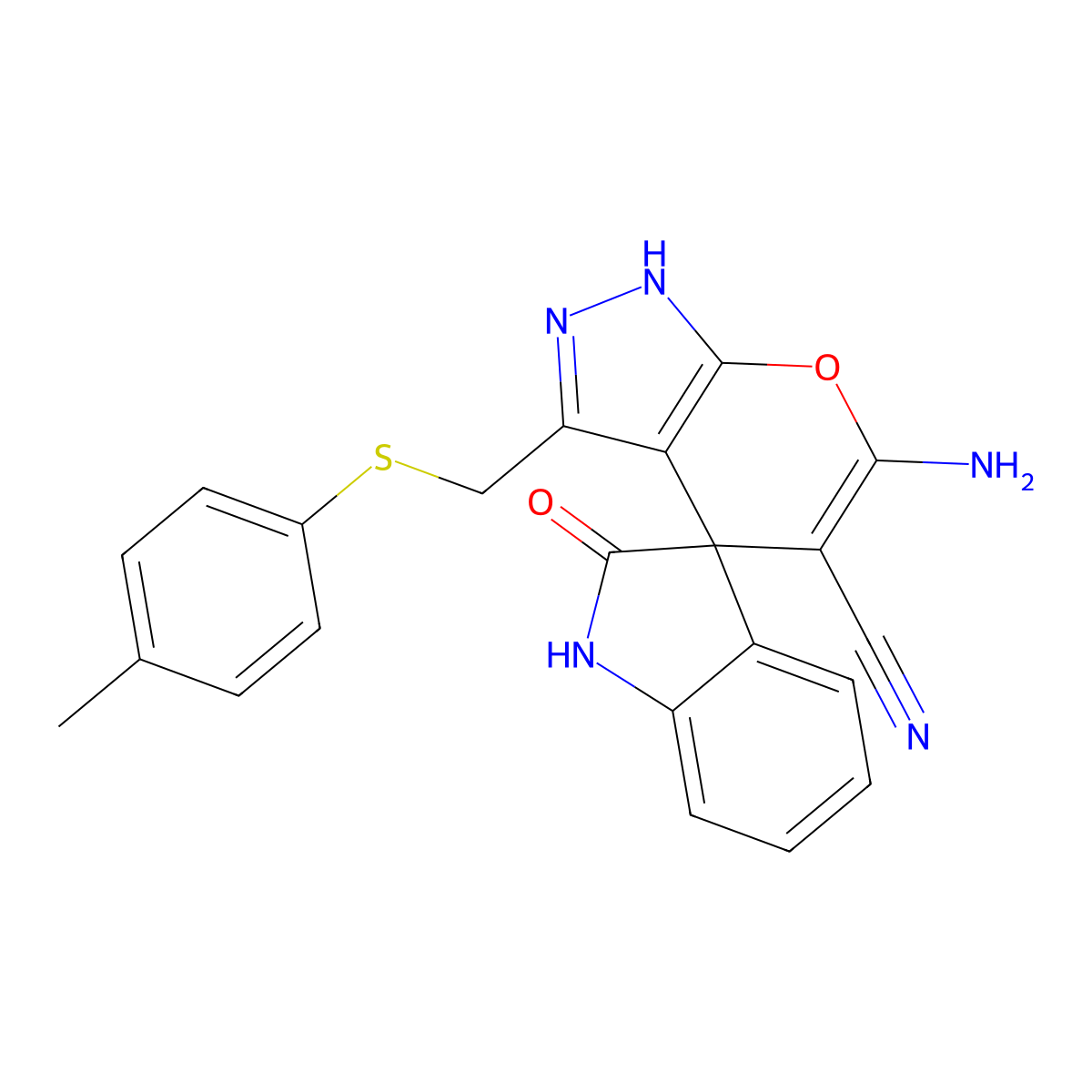 6'-amino-3'-{[(4-methylphenyl)sulfanyl]methyl}-1,1',3,4'-tetrahydro-2-oxospiro(2H-indole-3,4'-pyrano[2,3-c]pyrazole)-5'-carbonitrile molecular structure, CAS 674807-31-9