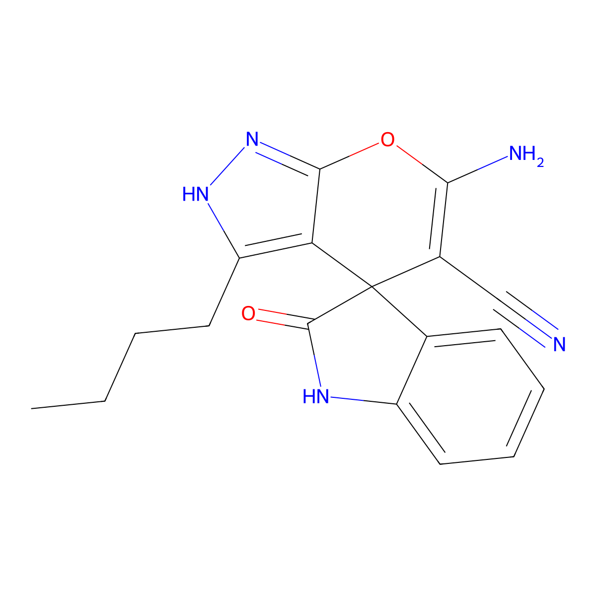 6'-amino-3'-butyl-1,1',3,4'-tetrahydro-2-oxospiro(2H-indole-3,4'-pyrano[2,3-c]pyrazole)-5'-carbonitrile molecular structure, CAS 674807-32-0