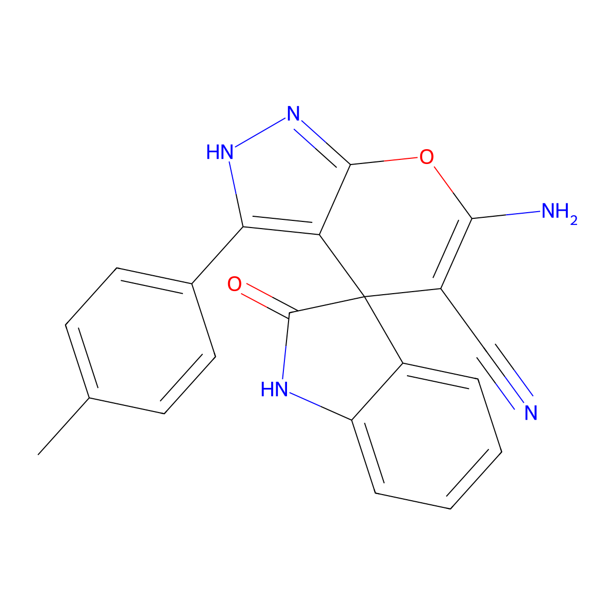 6'-amino-3'-(4-methylphenyl)-2-oxospiro[1H-indole-3,4'-2H-pyrano[2,3-c]pyrazole]-5'-carbonitrile molecular structure, CAS 674807-34-2