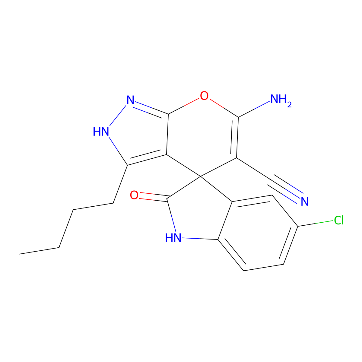 6'-amino-3'-butyl-5-chloro-1,1',3,4'-tetrahydro-2-oxospiro(2H-indole-3,4'-pyrano[2,3-c]pyrazole)-5'-carbonitrile molecular structure, CAS 674807-36-4