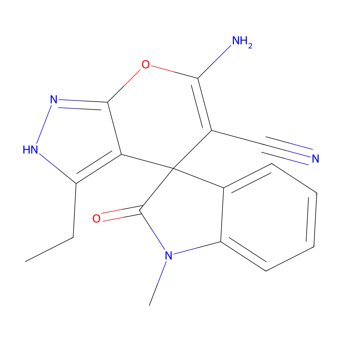 6-amino-3-ethyl-1'-methyl-2'-oxospiro[2H-pyrano[2,3-c]pyrazole-4,3'-indole]-5-carbonitrile molecular structure, CAS 674807-45-5