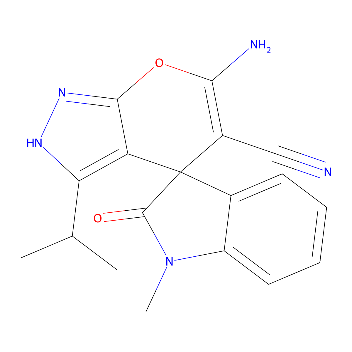 6-amino-1'-methyl-2'-oxo-3-propan-2-ylspiro[2H-pyrano[2,3-c]pyrazole-4,3'-indole]-5-carbonitrile molecular structure, CAS 674807-46-6