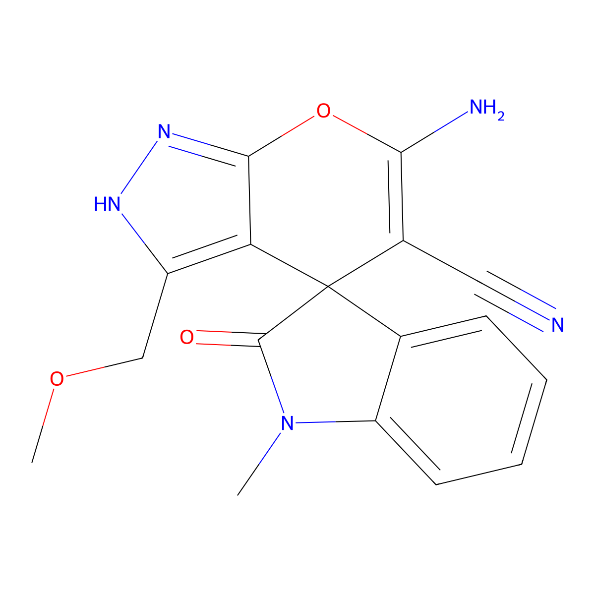 6-amino-3-(methoxymethyl)-1'-methyl-2'-oxospiro[2H-pyrano[2,3-c]pyrazole-4,3'-indole]-5-carbonitrile molecular structure, CAS 674807-47-7