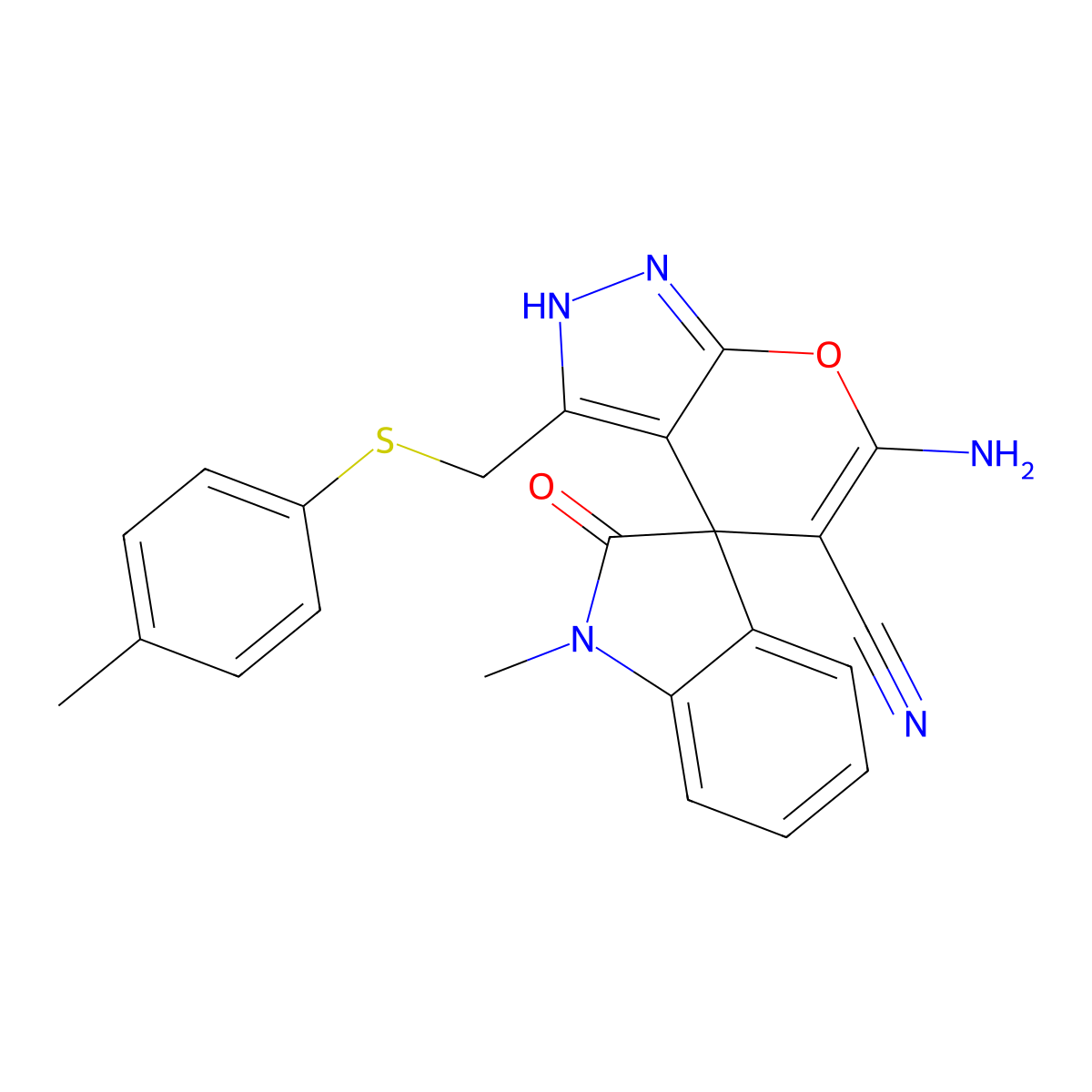 6'-amino-1-methyl-3'-{[(4-methylphenyl)sulfanyl]methyl}-1,1',3,4'-tetrahydro-2-oxospiro(2H-indole-3,4'-pyrano[2,3-c]pyrazole)-5'-carbonitrile molecular structure, CAS 674807-50-2