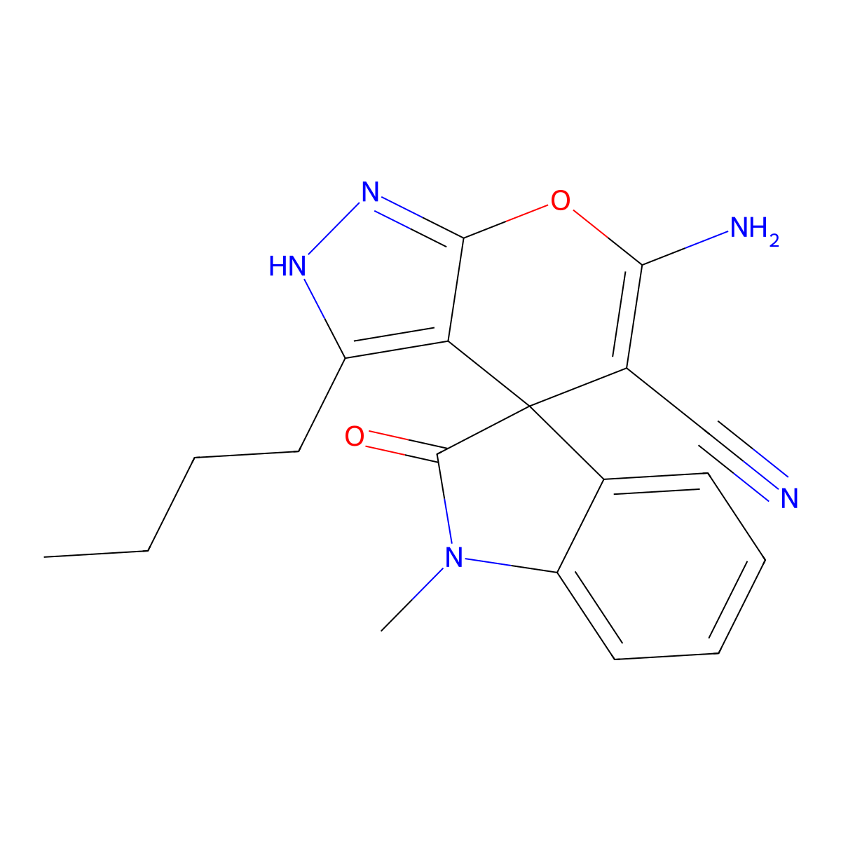 6'-amino-3'-butyl-1-methyl-1,1',3,4'-tetrahydro-2-oxospiro(2H-indole-3,4'-pyrano[2,3-c]pyrazole)-5'-carbonitrile molecular structure, CAS 674807-51-3