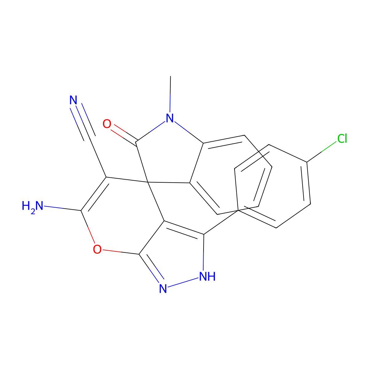 6-amino-3-(4-chlorophenyl)-1'-methyl-2'-oxospiro[2H-pyrano[2,3-c]pyrazole-4,3'-indole]-5-carbonitrile molecular structure, CAS 674807-52-4