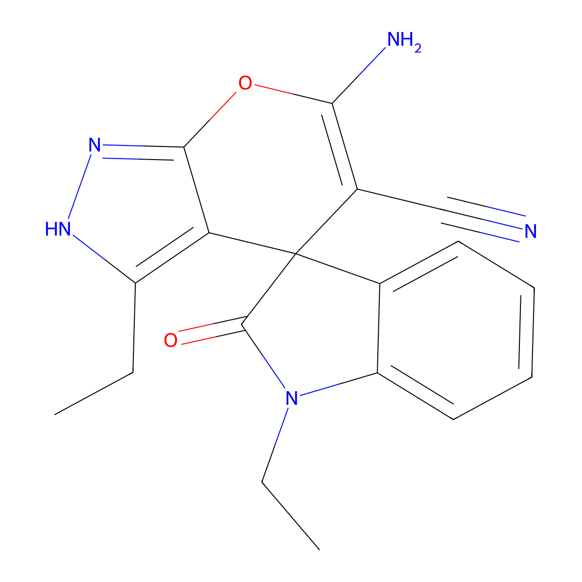 6-amino-1',3-diethyl-2'-oxospiro[2H-pyrano[2,3-c]pyrazole-4,3'-indole]-5-carbonitrile molecular structure, CAS 674807-53-5