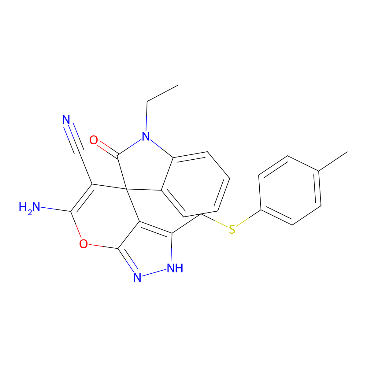 6'-amino-1-ethyl-3'-{[(4-methylphenyl)sulfanyl]methyl}-1,1',3,4'-tetrahydro-2-oxospiro(2H-indole-3,4'-pyrano[2,3-c]pyrazole)-5'-carbonitrile molecular structure, CAS 674807-54-6