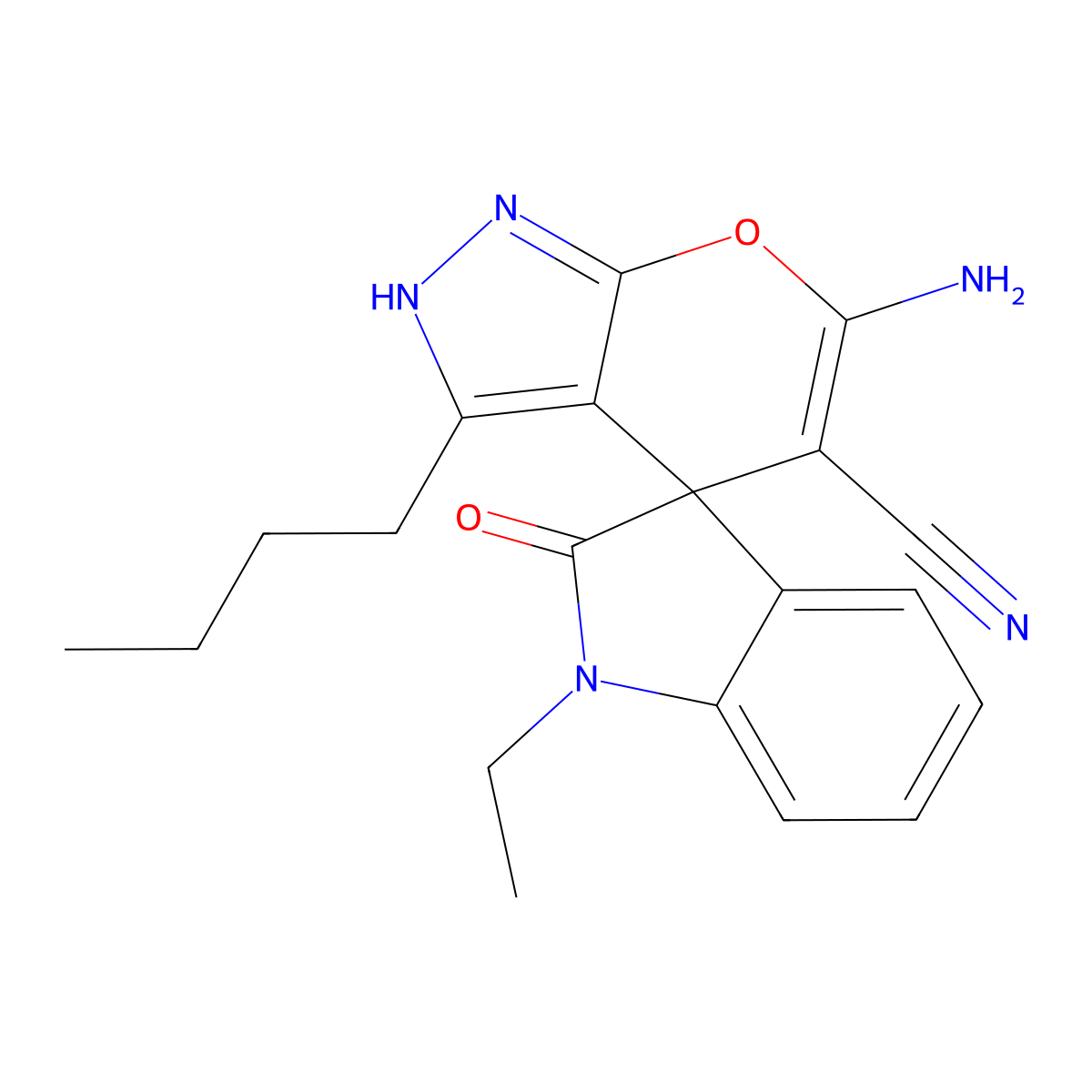 6'-amino-3'-butyl-1-ethyl-1,1',3,4'-tetrahydro-2-oxospiro(2H-indole-3,4'-pyrano[2,3-c]pyrazole)-5'-carbonitrile molecular structure, CAS 674807-55-7