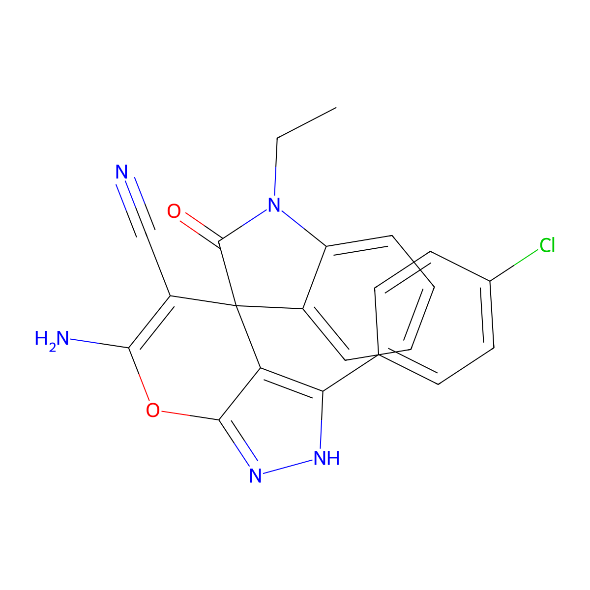 6-amino-3-(4-chlorophenyl)-1'-ethyl-2'-oxospiro[2H-pyrano[2,3-c]pyrazole-4,3'-indole]-5-carbonitrile molecular structure, CAS 674807-56-8